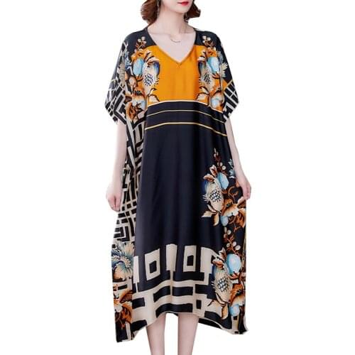 Fashion Oversize Cloak Printed Dresses Female 2021 New Summer Long Dress Female Elegant Bat Sleeve Loose Thin Dress Lady Clothes