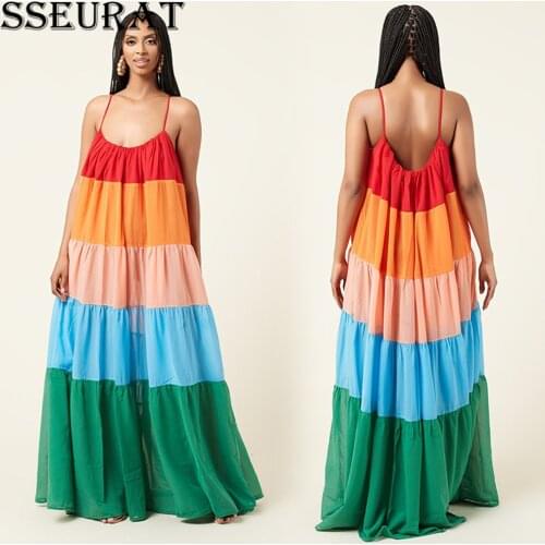 SSEURAT 2021 Women Summer Maxi Dress Strap Striped Print Beach Bohemian Long Loose Dresses Vestido
