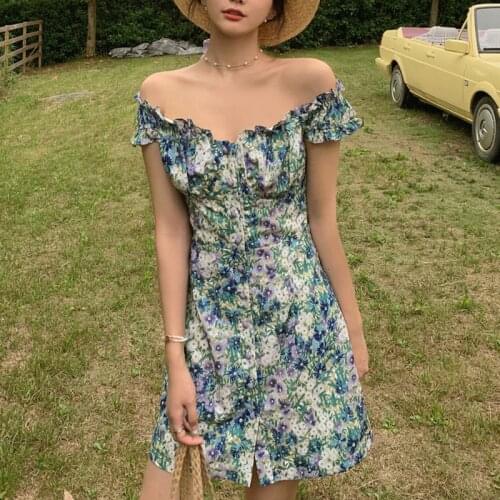 Summer Dress Retro Boho Women Tie Neck Chiffon Tulip Flower Print Floral Mini Sexy Elegant Puff Sleeve Casual Dresses 2021 Robe