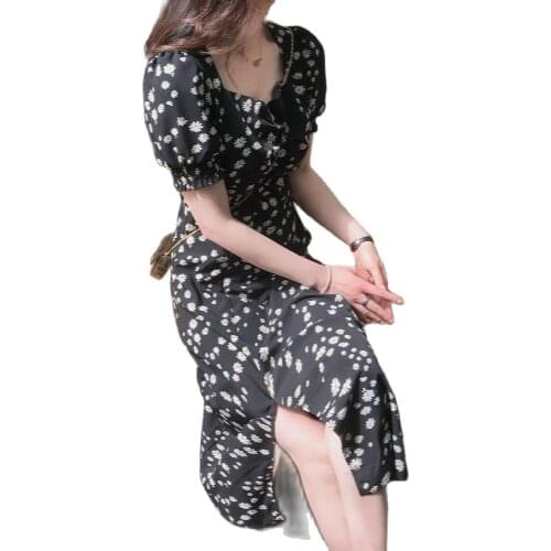 Summer Floral Midi Dress Women Puff Sleeve Square Collar Split Flower Autumn Sexy Vintage Party Evening Night Dresses Woman