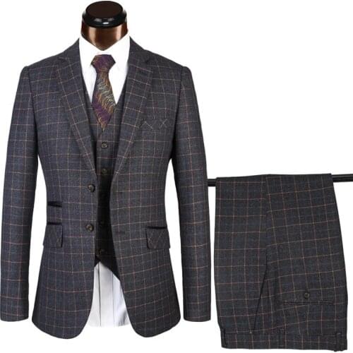 2021 Custom Made Winter Male Formal Business Suit for Mens Fashion Groom Black Plaid Wedding Dress Suit ( Jacket+Vest+Pants )