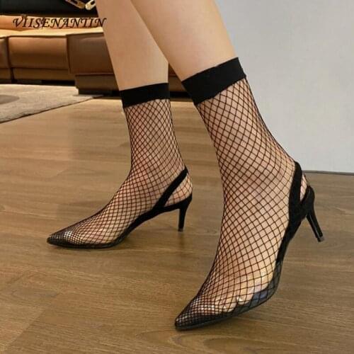 2021 summer new style Rome fashion sexy hollow high-heeled single shoes pointed toe stiletto mesh stretch stocking sandals