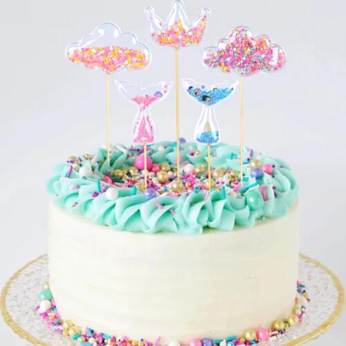 3pcs bubble confetti cake topper birthday party decorations kids heart crown shell mermaid tail cake topper baby shower supplies