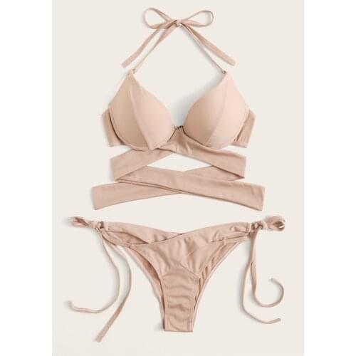 2020 New Nude Pink Bikinis Sexy String Bikini Set Swimwear Women Halter Push Up Swimsuit Swimming Suit for Women Thong Biquini
