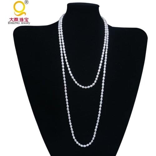 Daking Wholesale price FREE SHIPPING 63" Super long Rice Shape Freshwater Pearl Necklace Bridal jewlry