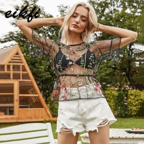 EIKFI Women Black Mesh Floral Embroidery T-shirt Summer Lady Sexy Round Neck Short Sleeve Thin See Through Shirt Tops for Female