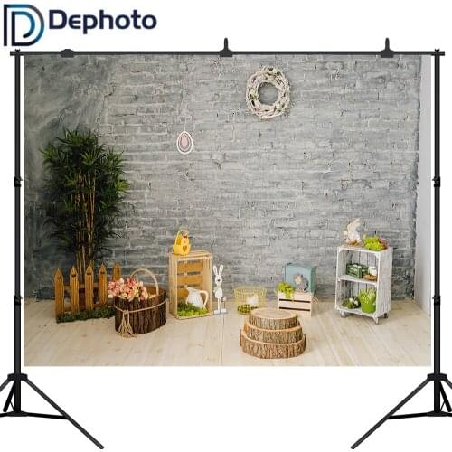 Dephoto Happy Easter Indoor Scene Photography Backdrop Egg Flower Spring Bunny Rabbit wood floor Background Banner Photo Booth