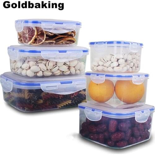 Goldbaking 3 Pieces Plastic Food Container Rectangle Storage Box Leak Proof Square Lunch Box Kitchen Microwave Containers