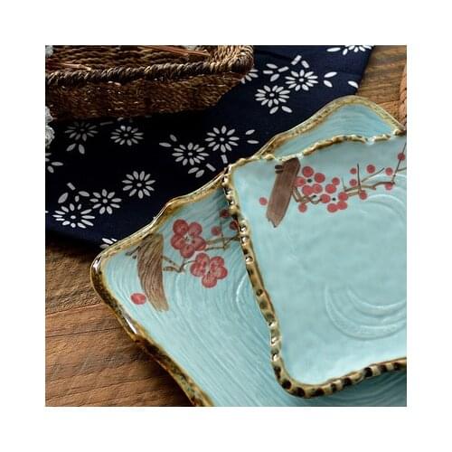 Chinese Style Plum Flower Ceramic Square Plate Chinese Western Food Pastry Snack Fruit Plate Hand-painted Underglaze Tableware