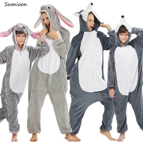 Adult Anime Kigurumi Onesie Women Men Unicorn Sleepwear Pajama Winter Warm Animal Wolf Unicornio Pijima Overalls Kids Nightwear