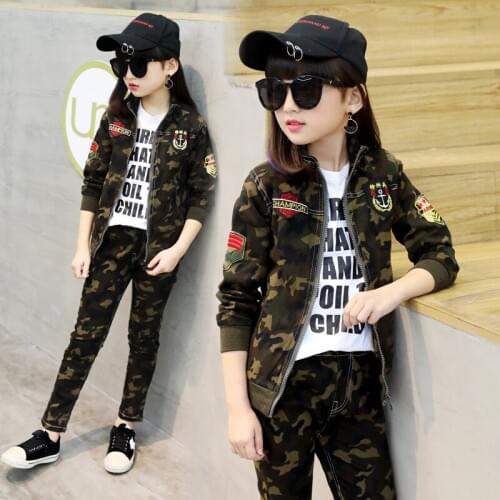 Kids Clothing Set Military Uniform Unisex Boys and Girls Autumn Spring Camouflage 2pcs Zipper Coat + Pants Age 3 5 9 12