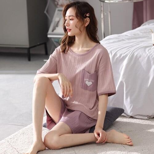 Summer Womens Pajamas Set Large Size Loose Sleepwear Short Sleeve T-Shirt Leisure Shorts Home Elastic Drawstring Pants Nightwea