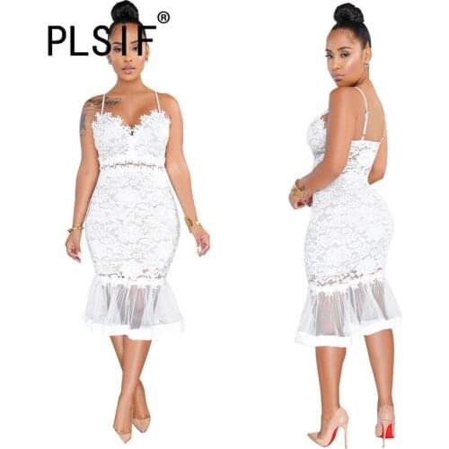 2021 Best Selling Lace Midi Dress Summer Sexy Strap Bodycon Dress Female Party Elegant Dresses