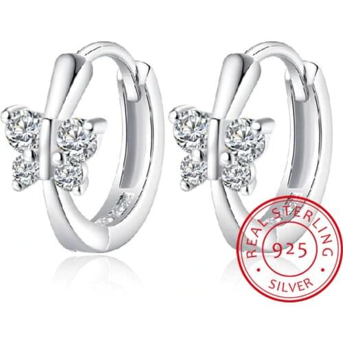 Cute Butterfly CZ 925 Sterling Silver Small Round Loop Huggies Hoop Earrings For Women Kids Baby Girls Children Aros