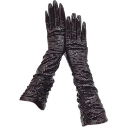 Gloves ladies long sheepskin 45CM patent leather bright leather dark brown red gray gloves leather winter warm driving fashion b