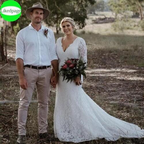 V Neck Wedding Dress Mermaid Vestidos De Novia Sirena Simple 3/4 Sleeves Plus Size Boda Bride Gown 2021 Robe Mariage Trouwjurk