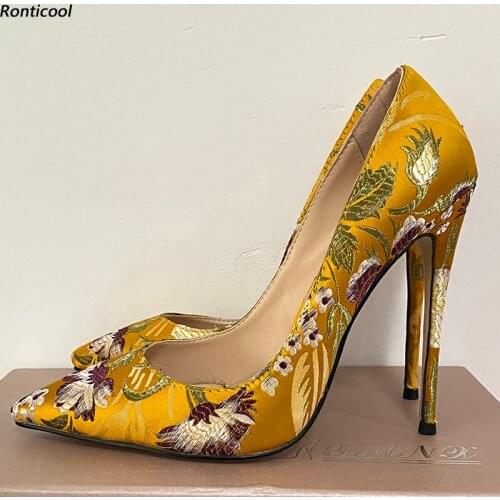 Ronticool Handmade Women Spring Ethnic Pumps 12Cm Stiletto Heel Pointed Toe Pretty Gold Dress Shoes Women US Plus Size 5-13