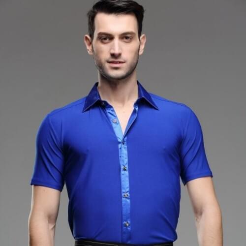 2017 New Adult Man Boys Spring Summer Short Sleeve Ballroom Modern Salsa Tango Samba Latin Shirt Dance Shirt Blue Tops