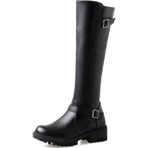 Round Toe PU Flat Belt Buckle Short Plush Knee-Length Boots Side Zipper Low Heel Rubber Dark Brown Rider Boots Long womens Shoe