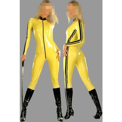 Sexy Lady Rubber Yellow with Black Strips Latex Catsuits with Front Zip not include the socks