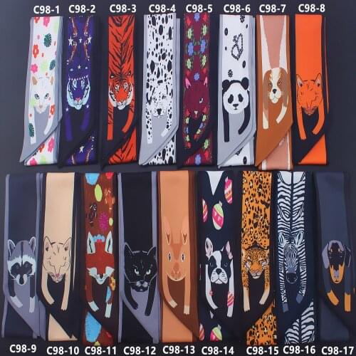Cartoon panda Cat Print Twill Silk Small Women Fashion Scarf Hair Bags Handle Decoration Tie Multifunction Hand Ribbon Scarf