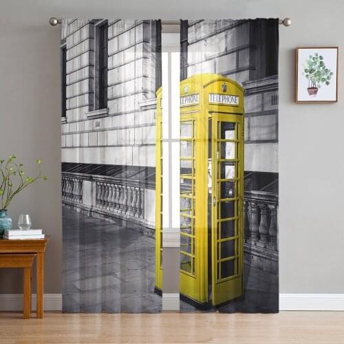 Yellow Telephone Box London Street Sheer Curtains for Living Room Bedroom Kitchen Chiffon Tulle Curtains Home Hotel Coffee Decor