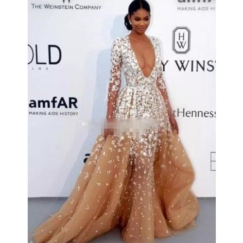 Beyonce Champagne Tulle Pageant Celebrity Dresses with Long Seeves Illusion V neck Lace Applique 2017 Winter Evening party dress