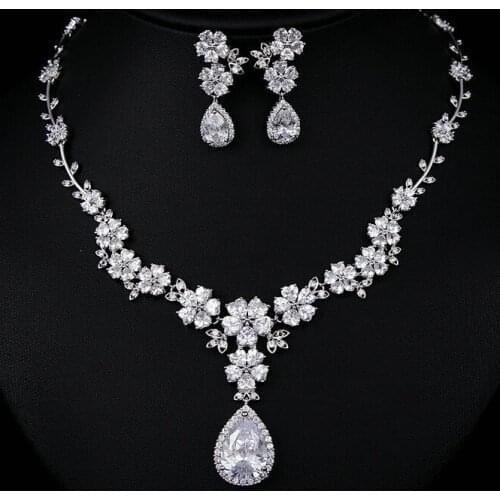 New design beautiful sparkling flower wedding bridal necklace earring jewelry sets,top quality AAA CZ white gold color jewelry