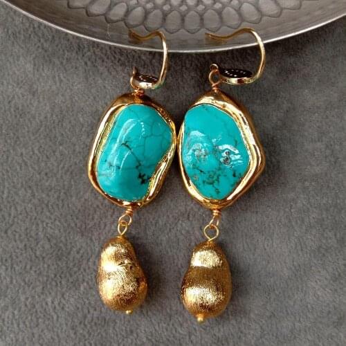 YYGEM Blue Turquoise Nugget Shape Gold Plated Brushed Bead Dangle Hook Earrings office style for women