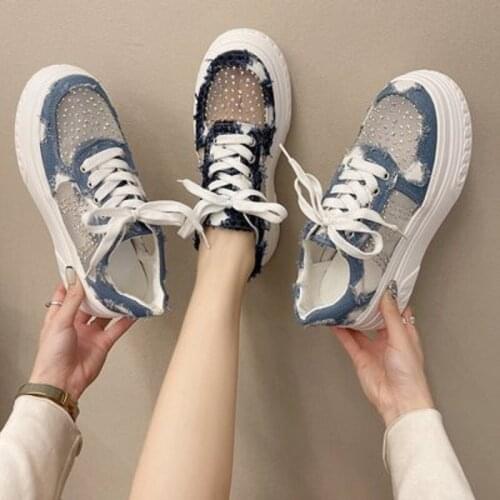 Ladies Canvas Shoes Increase Leisure Rhinestone Cross Straps Mesh Breathable And Comfortable Summer Single Shoes Large Size 40