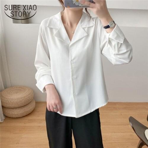 Korean Casual Solid Female Shirts Outwear Tops Autumn New Women Chiffon Blouse Office Lady V-neck Button Loose Clothing 11882