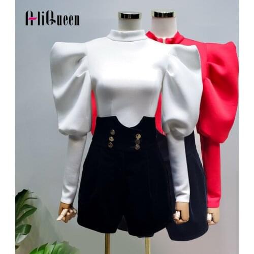 2020 Puff Sleeve Stand Collar Thicken Shirt Red White Black Vintage All Match Autumn Zipper Tops Women Hoodies Tops Sweatshirts