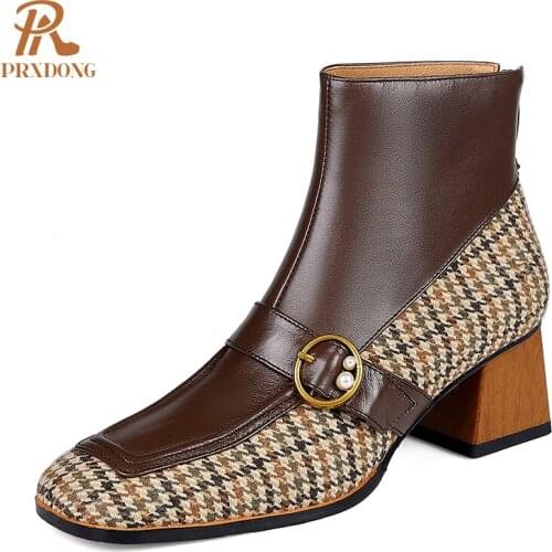 New Women Ankle Boots New Retro Autumn Winter Genuine Leather Zipper Square Toe Shoes Casual Short Boots Woman High Heels Shoes