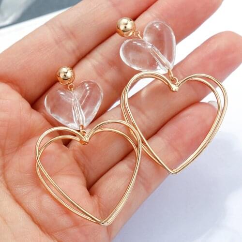 Lifefontier Korean New Style Clear Crystal Heart Long Drop Earrings Hollow Peach Heart Earrings For Women Fashion Party Jewelry
