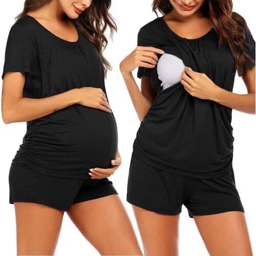 Women Maternity Short Sleeve Nursing Baby Top T-shirt+shorts Solid Pajamas Set Breastfeeding Clothes Pyjama Femme Maternite L*5