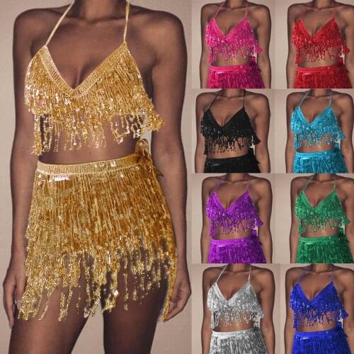 Women Sequin Belly Costume Tassel Wrap Mini Club Vest Set Unique Design Moving Lovely Sound Dance Shake Sexy Girls Camisole Top