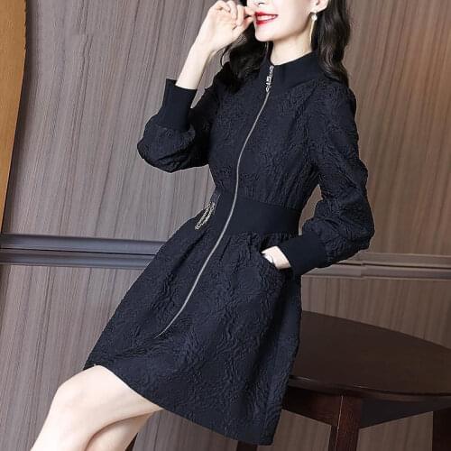 Women 2021 Autumn Winter New French Short A-line Dress Female Stand Collar Zipper Dresses Ladies Long Sleeve Slim Vestidos T449