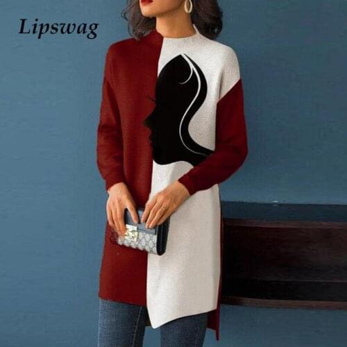 Elegant Abstract Pattern Printed Women Dress Women 2021 Spring Casual O-Neck Mini Dresses Ladies Long Sleeve Fashion Vestido 3XL