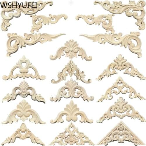WSHYUFEI Carved Unpainted Solid wood Long Floral Leaves Rubber Wood Furniture Window Corner Wood Applique Onlay Wood Figurines