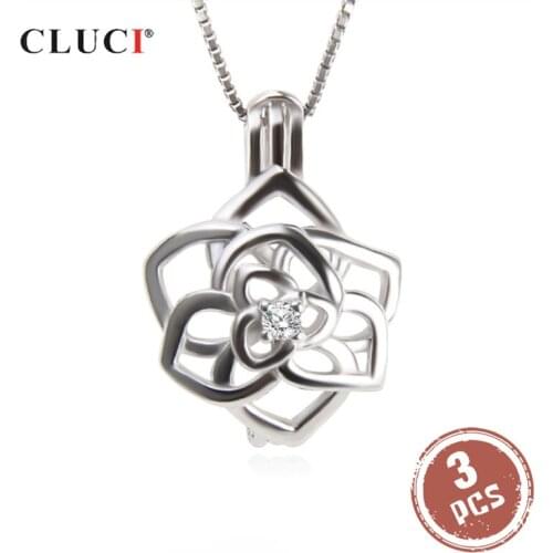 CLUCI 3pcs 925 Sterling Silver Beautiful Flower DIY Cage Pearl Pendant Jewelry For Women Silver 925 Pearl Pendant Locket SC310SB