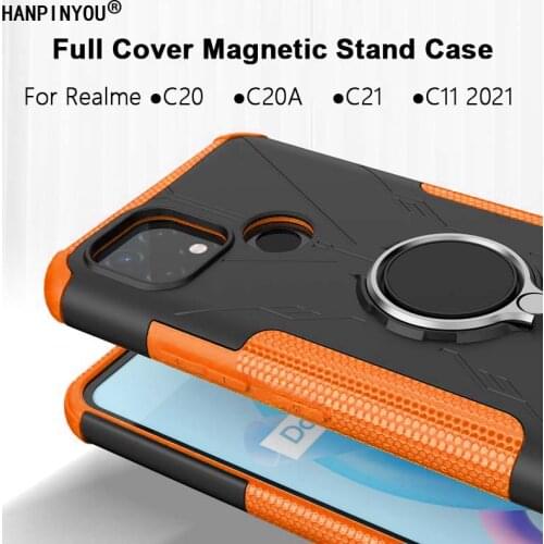 For Realme C20 C21 C20A C11 2021 6.5" Mecha Full Cover Magnetic Stand Phone Case PC Back & Silicone TPU Holder Protector Shell
