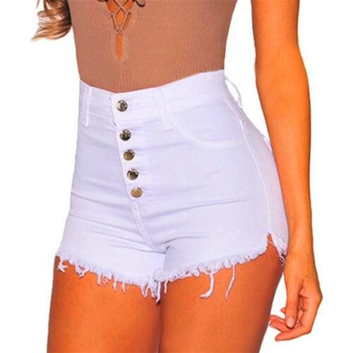Cotton high waist tassel casual denim shorts women button bottom stretch skinny sexy jeans shorts solid color lady streetwear