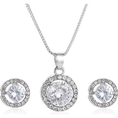Elegance Round Shaped Zircon Jewelry Sets Office Lady Crystal Rhinestone Stud Earrings Pendant Necklace Women Accessory