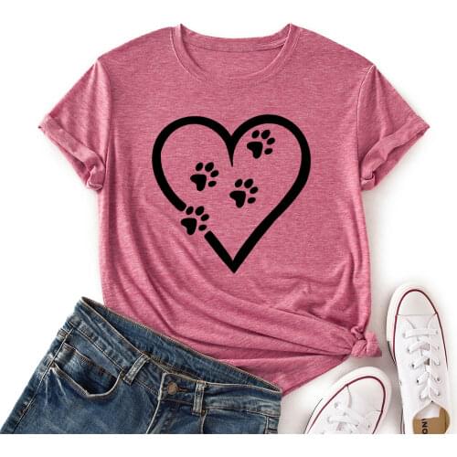 Woman Short Sleeve Colored Graphic Tees Summer T-Shirt Female Tops Shirts for Women Heart Paw Printed Animal Lovers