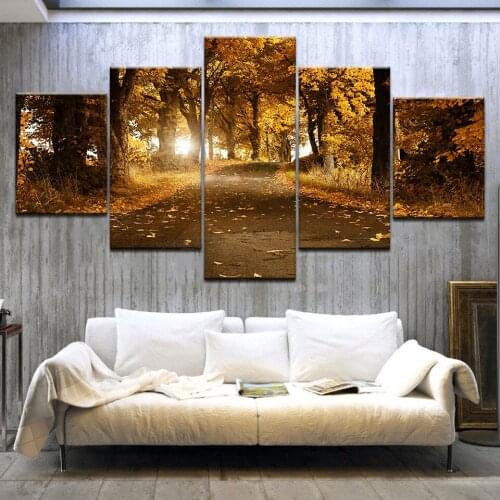 Art Poster HD Print Decor 5 Pieces Sunshine Autumn Yellow Forest Scenery Painting Frame Modular Pictures Canvas Modern Room Wall