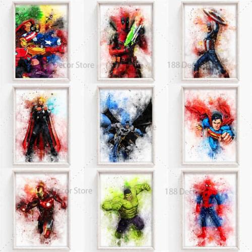 Avengers Canvas Poster Marvel Superhero Watercolor Painting Spiderman Wall Street Art Picture for Living Room Home Decor Cuadros