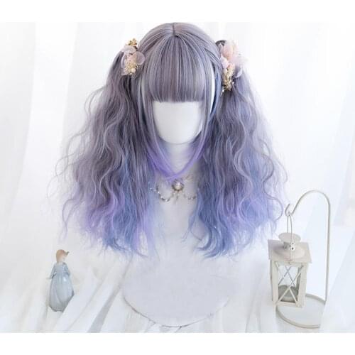 CosplayMix 5 Style Lolita Mixed Blue Purple Ombre Long Curly Short Bob Ponytails Bangs Cosplay Synthetic Wig