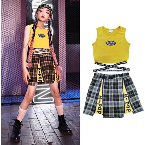 Girls Summer Street Dance Costume Vest Plaid Skirt Outfit Jazz Dancing Performance Stage Clothing Set Catwalk Show Wear VDB3625