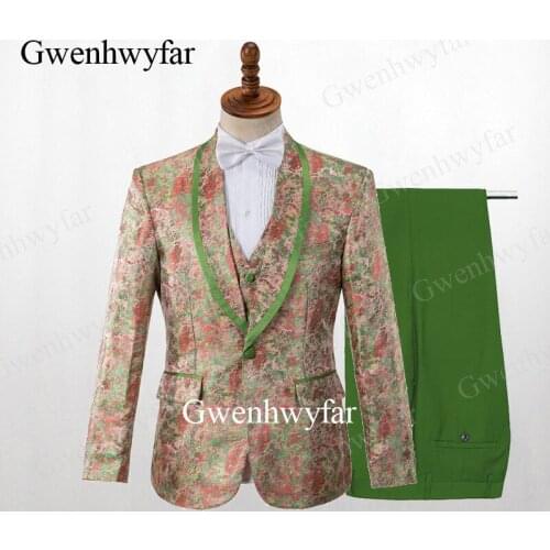 Gwenhwyfar New Designed Men Suits with Colorful oil painting Shawl Lapel 3 Pieces Groom Men Suits Jacket Vest Green Pants 2019