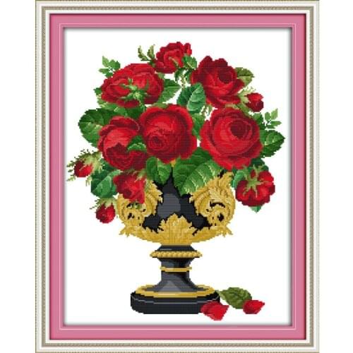 Joy Sunday Rose Vase Printed Patterns Embroidery Packs Cross Stitch Counting Patterns DMC Handmade Cross-stitch 11&14CT Flowers